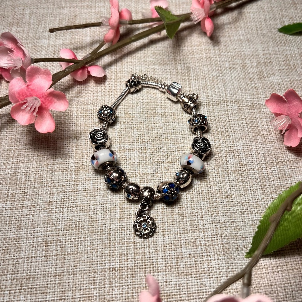 925 Silver and Blue Charm Bracelet with Flower and Glass Bead Charms